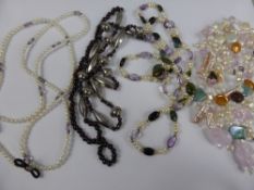 A Collection of Miscellaneous Necklaces, including pearl, amethyst and green stone, pearl multi