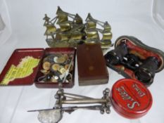 A Box of Miscellaneous Items including a pair of Brass book ends in full sail, a pair of opera