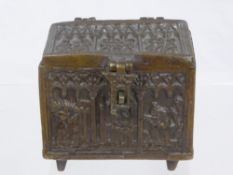 A miniature antique Indian chest decorated with Gothic scenes, approx. 10 x 8 x 9 cms.