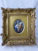 An Original Oval Portrait on Ivory, depicting a classical scene of two figures, 30.5 x 10.5 cms,