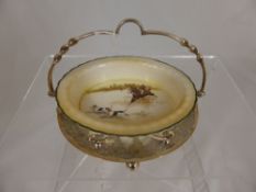 A Silver Plated Bon Bon Dish with Royal Doulton hand painted liner depicting a hunting scene. WAF