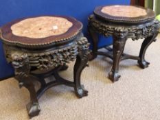 A Pair of Chinese Antique Hardwood Plant Stands, ornate decorative carving to the skirt, with