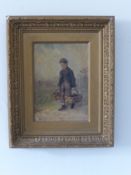 W S Miles - oil on canvas depicting a young man carrying two baskets of fruit, ornate gilt frame,