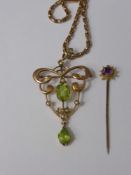 An Edwardian 9 ct Gold Green Stone and Pearl Drop Pendant on 9 ct gold chain, approx wt 8.5 gms