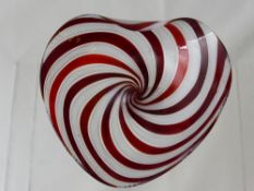 A Hand Blown Venetian Ribbon Glass Trinket Dish, the dish in the form of a heart with red and white