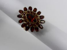 A Lady`s 14 ct Yellow Gold and Garnet Cluster Ring, the ring set in the form of a flower with