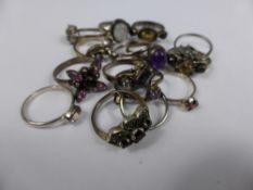 A Collection of Miscellaneous 925 Silver and Silver Metal rings set with coloured stones, (15).