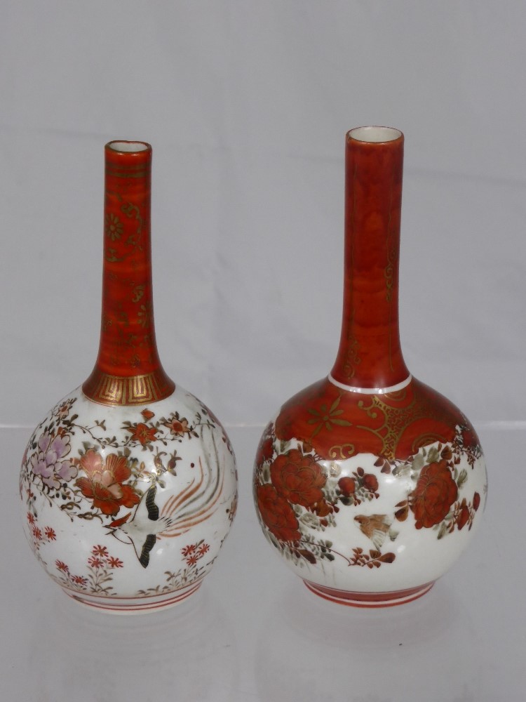 A Pair of Antique Miniature Imari Vases, hand painted with chrysanthemum, peony and birds, approx