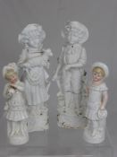 Two Bisque Figurines depicting a farm boy and girl, with gilt highlights together with two