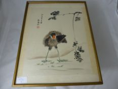 A Circa 20th Century Original Japanese Painting on silk depicting a heron, the painting having