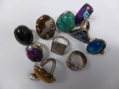 A Collection of Miscellaneous Solid Silver Hard Stone Rings, approx. 10..