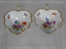 Six Meissen Porcelain Finger Bowls in the form of vine leaves, hand painted with floral spray,