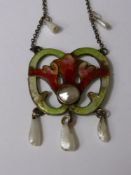 An Art Nouveau Silver Enamel and Abalone Drop Pendant, the apple green, red, orange and pink enamel