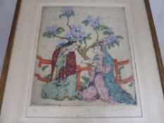 Elyse Lord circa 1900 - 1971, hand coloured print depicting Japanese ladies beneath a Magnolia