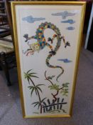 Two Hand Embroidered panels depicting Oriental scenes, one of a dragon and the other figures in a