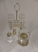 Miscellaneous silver plate including cut glass pickle jars in twin stand on ball and claw feet, a