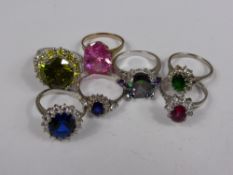 A Collection of Miscellaneous 925 Silver and Silver Metal fancy costume rings of various colours, (