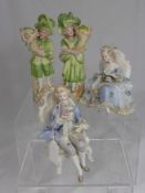 Three `Fairings` depicting a Gypsy, musician and a young girl, four porcelain playground `fairings`