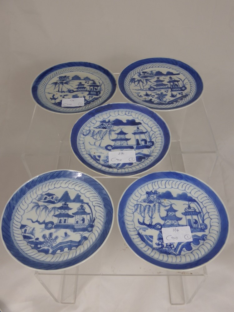 Six Chinese Antique Blue and White Plates, the fine small side plates depict pagoda.