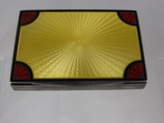 Silver and Enamel Card Case, the case with canary yellow guilloche enamel work bound with red