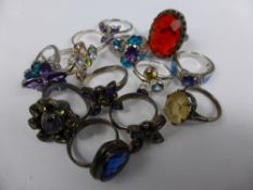 A Collection of Miscellaneous 925 Silver and Silver Metal fancy costume rings of various colours, (