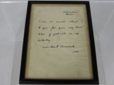 A Letter by the Rt Honorable Sir Winston Churchill, the letter reads `I am so much obliged for your