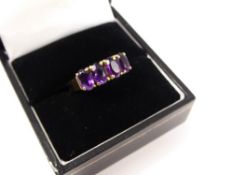 A Lady`s 14 ct Yellow Gold 4 stone Amethyst ring, size N, approx 2.3 gms.