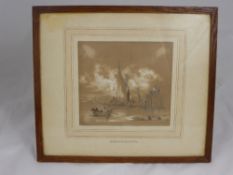 A pencil and colour wash entitled "" Wandsworth, Barges Unloading"", framed and glazed, approx. 17