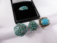 A Collection of Four Solid Silver Turquoise Rings.