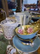 Miscellaneous porcelain including two Ainsley cups and saucers, a Delft mug, a harvester mug, Royal