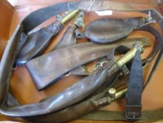 19th Century Leather Gun Powder Pouches, with two harness pouches with brass mounts. (4)