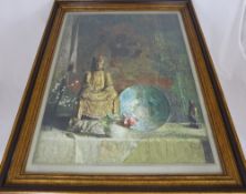 Indian print signed ""Pushman"" depicting a figure of Buddha with a pot and a bowl, framed and