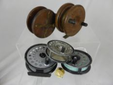 A Miscellaneous Collection of Vintage Fly Reels including wood and brass salmon reels, Viscount