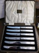 Collection of misc. silver and silver plate incl. set of six Chester silver handled fruit knives,