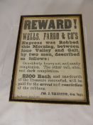Antique San Francisco Newspaper Leaf offering a Reward for the capture of two robbers of the Wells,