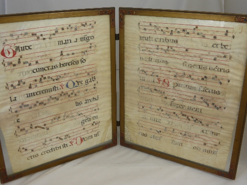 Four 16th Century Original Vellum Latin Gregorian Chant Notation Pages, presented in a hinged frame