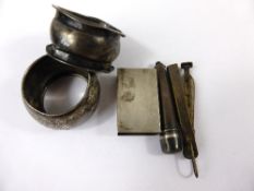 Collection of misc. silver including match box cover, two napkin rings, needle case and pipe