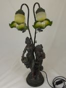 Composite black table lamp depicting a figure of two girls, one carrying a basket of flowers,