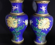 Pair of Chinese 20th Century Cloisonné Vases, the vases having a rich cobalt blue ground with fine