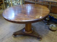 Victorian mahogany circular tilt top table on centre column with three feet, approx. 104 cms.