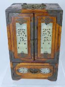 Chinese Vintage Jewellery Cabinet, with decorative brass banding and carved jade lily and tree