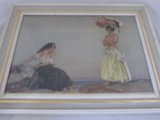 Russell Flint print depicting two young girls, one with a laundry basket on her head, framed and