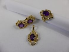 Lady`s 14 ct Gold Amethyst and Diamond Ring, together with matching pendant and earrings, the set