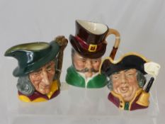 Three Miniature Royal Doulton Jugs including, `Cabby`, `Town Crier` and `Pied Piper`.