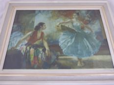 Russell Flint print depicting a Spanish dance instructor with her pupil, signed to the right hand