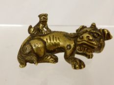 Antique Chinese Brass Figure of a mythical creature, with offspring seated on it`s back.