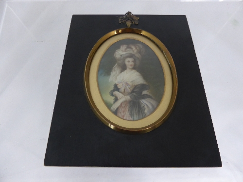 A miniature 3/4 length oval portrait on ivory of an 18th century lady circa 19th century 9 x 6 cms.
