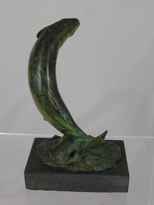 Bronze Study of a Leaping Trout on a slate base, 21 cms.