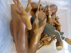 Quantity of African Wood Turned Carvings, including elephant, warthog, rhinoceros, kudu, giraffe