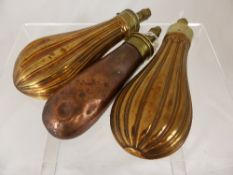 Three 19th Century Brass Gunpowder Flasks together with one marked James Dickson & Sons, Sheffield.